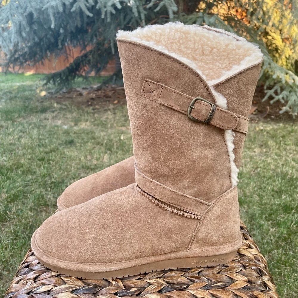 BearPaw Tatum Shearling Boots Asymmetrical Wrap shaft with Buckle Detail